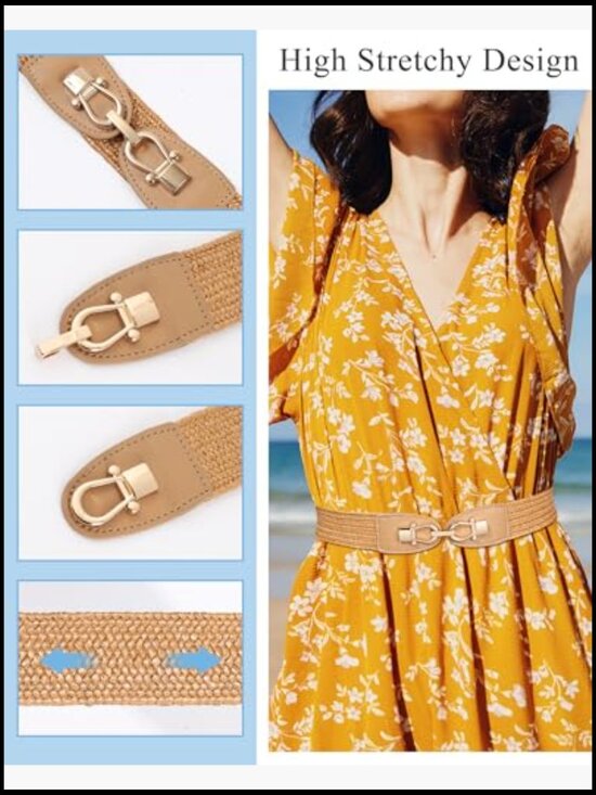 2 Pack Elastic Straw Belts with Metal Buckle Boho Braided for Dresses main image 6